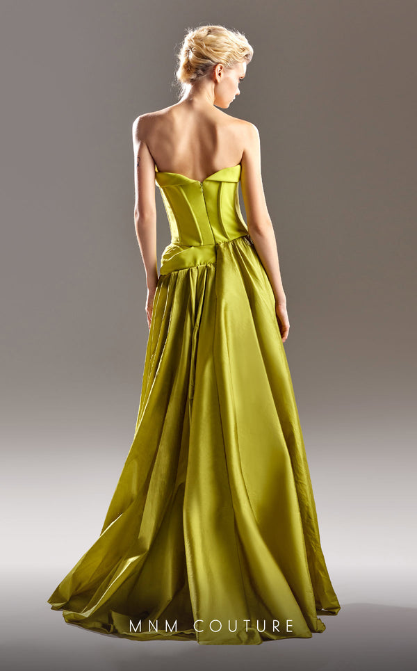 MNM Couture G1534 Column fitted crepe gown with sweetheart neckline, high slit, and detachable overskirt for refined evening glamour. | Couture Shop LA