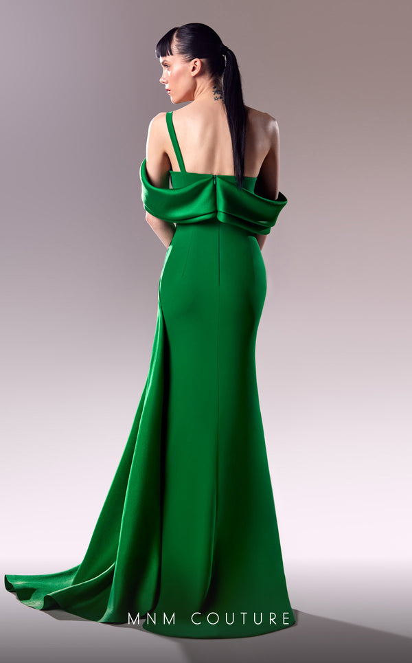 MNM Couture G1603 - Emerald green off-shoulder draped evening gown, featuring a crepe base, organza accents, and structured Piqué Mikado details. | Couture Shop LA