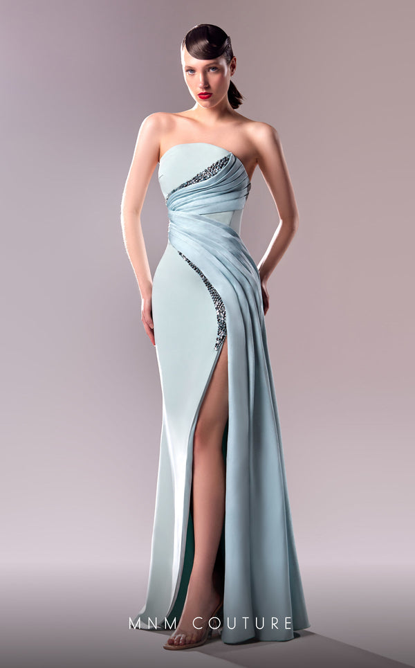 MNM Couture G1608 gown showcasing the gorgeous pleated details and shimmering embellishments. | Couture Shop LA