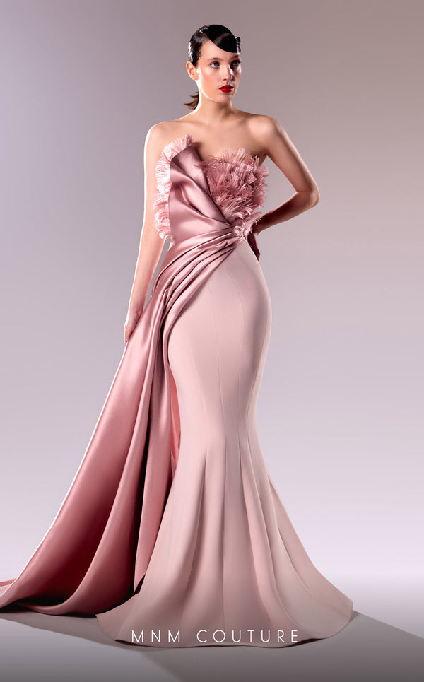 MNM Couture G1611 gown showcasing the elegant mermaid silhouette and flowing drape. | Couture Shop LA