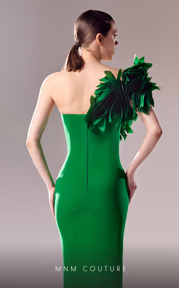 MNM Couture G1616 dress highlighting the unique one-shoulder design and exquisite organza details. | Couture Shop LA