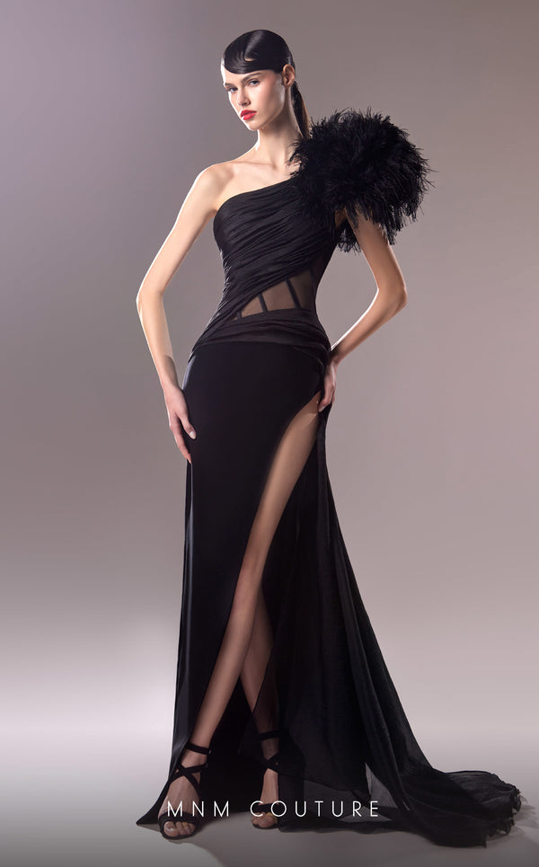 MNM Couture G1618 gown showcasing the chic one-shoulder design and cascading drapes. | Couture Shop LA