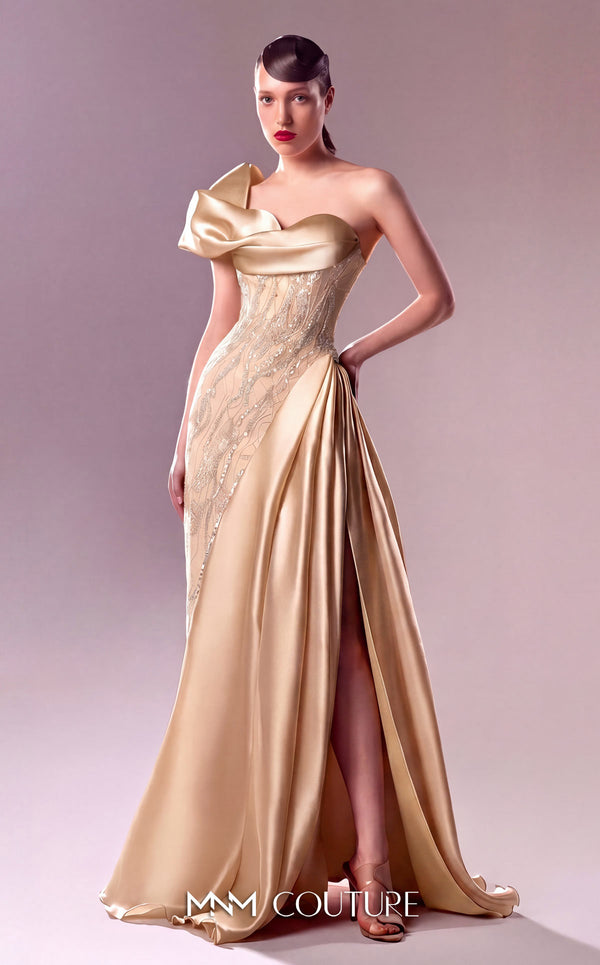 MNM Couture G1631 dress showcasing the sophisticated one-shoulder design with draped organdie and lace accents. | Couture Shop LA