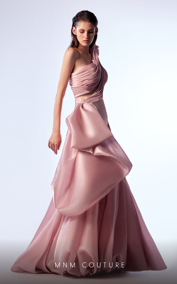Pink organza and crepe haute couture trumpet dress with draped layers MNM Couture G1729