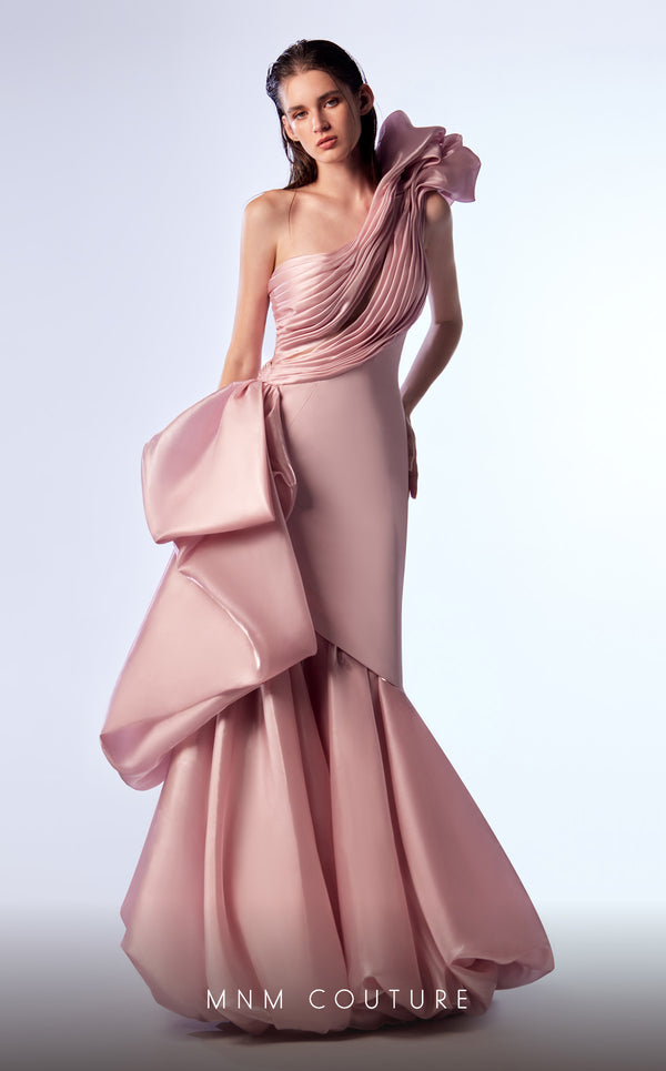 Pink organza and crepe haute couture trumpet dress with draped layers MNM Couture G1729