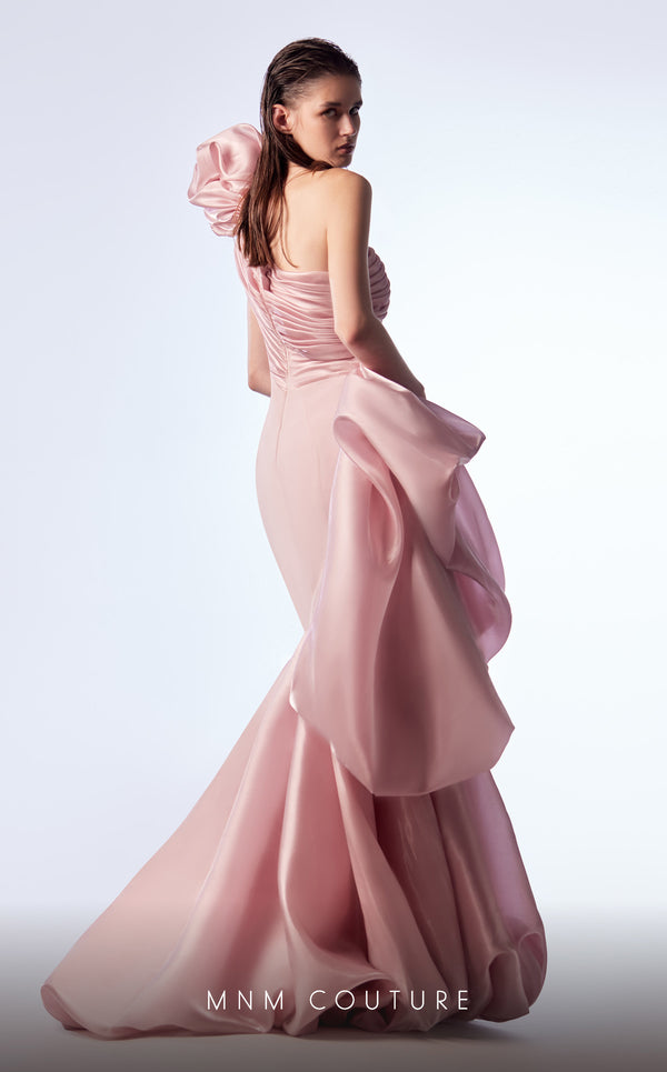 Pink organza and crepe haute couture trumpet dress with draped layers MNM Couture G1729