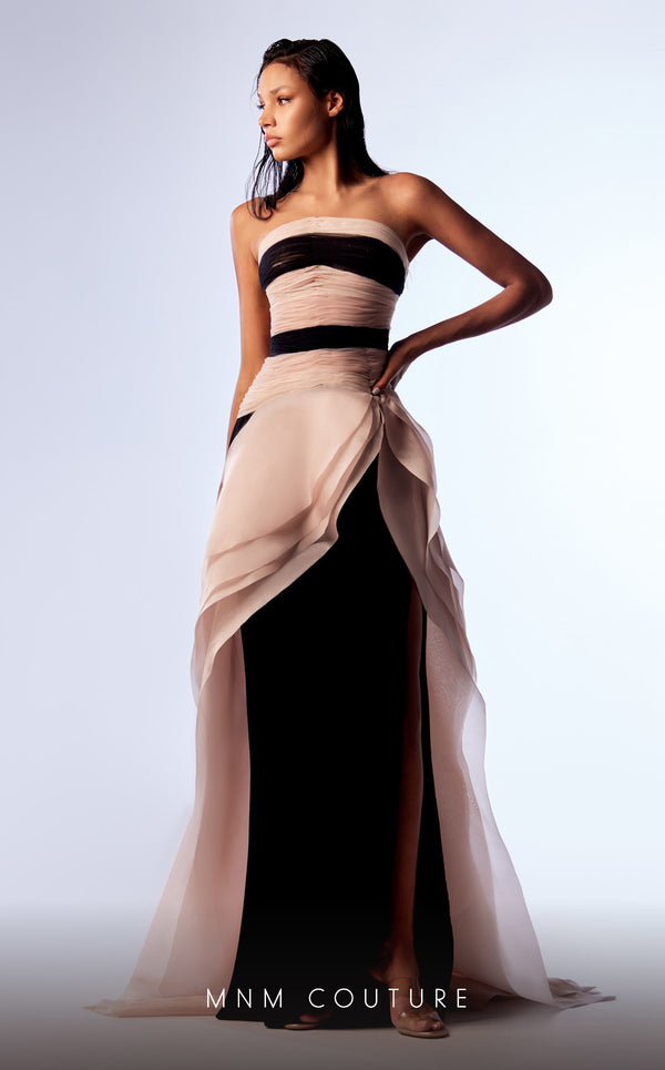 MNM Couture G1734 - Delicate pink tulle and bold black crepe gown with gradient bodice and ethereal organza overskirt, blending timeless elegance with modern charm | Couture Shop LA
