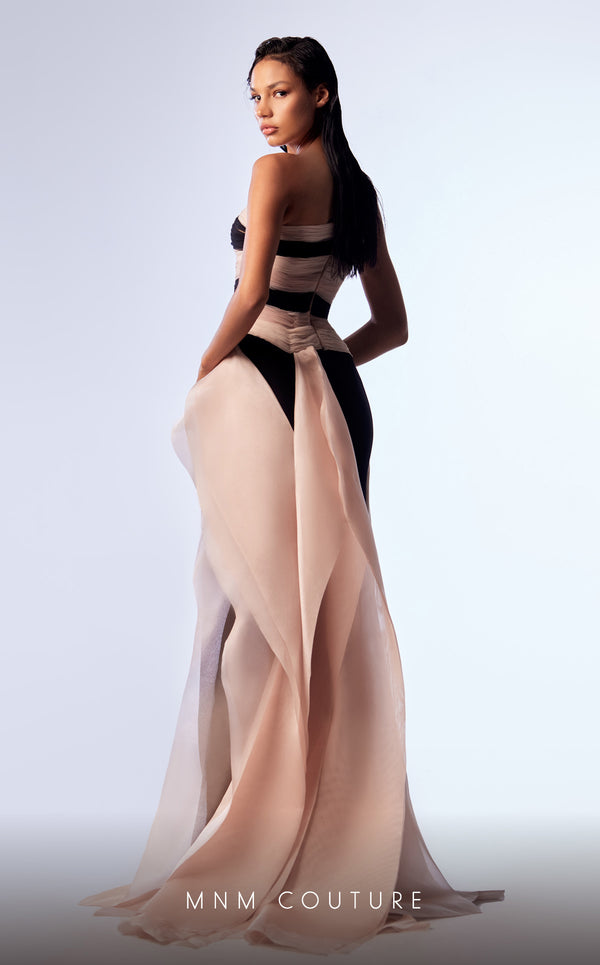 MNM Couture G1734 - Delicate pink tulle and bold black crepe gown with gradient bodice and ethereal organza overskirt, blending timeless elegance with modern charm | Couture Shop LA