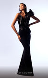 MNM Couture G1743 black gown with asymmetric neckline, sequined peplum detailing, and flared silhouette | Couture Shop LA