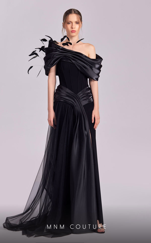 MNM Couture G1806 gown showcasing the off-shoulder silhouette and delicate feather details. | Couture Shop LA