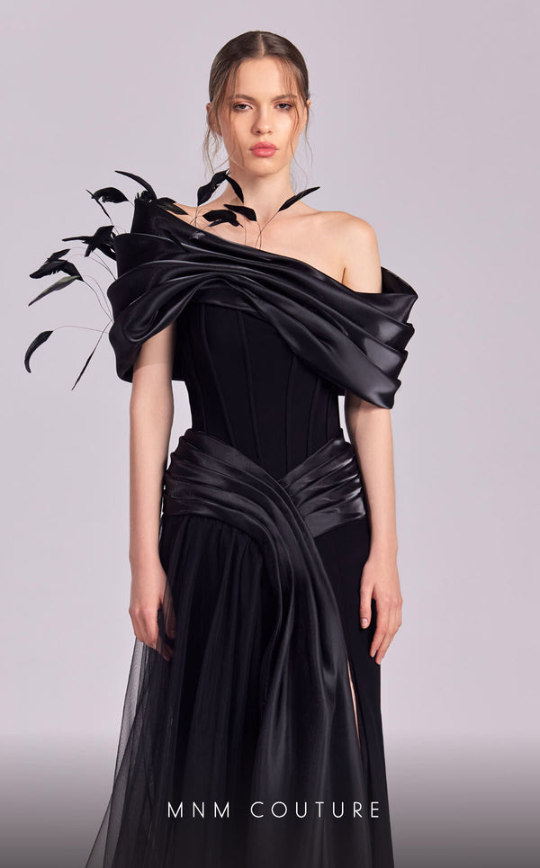 MNM Couture G1806 gown showcasing the off-shoulder silhouette and delicate feather details. | Couture Shop LA