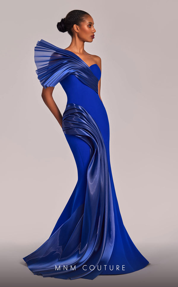 MNM Couture G1808 gown highlighting the mermaid silhouette and unique organza details. | Couture Shop LA