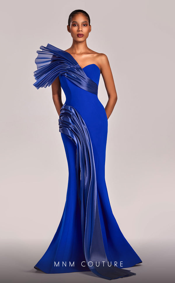 MNM Couture G1808 gown highlighting the mermaid silhouette and unique organza details. | Couture Shop LA