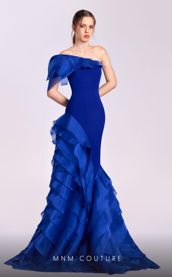 MNM Couture G1810 royal blue one-shoulder gown with organza layers and dramatic train | Couture Shop LA