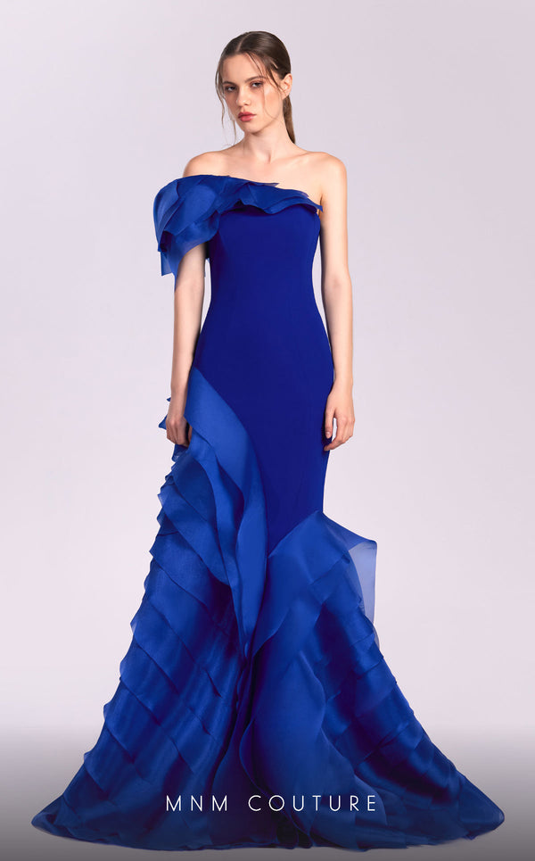 MNM Couture G1810 royal blue one-shoulder gown with organza layers and dramatic train | Couture Shop LA