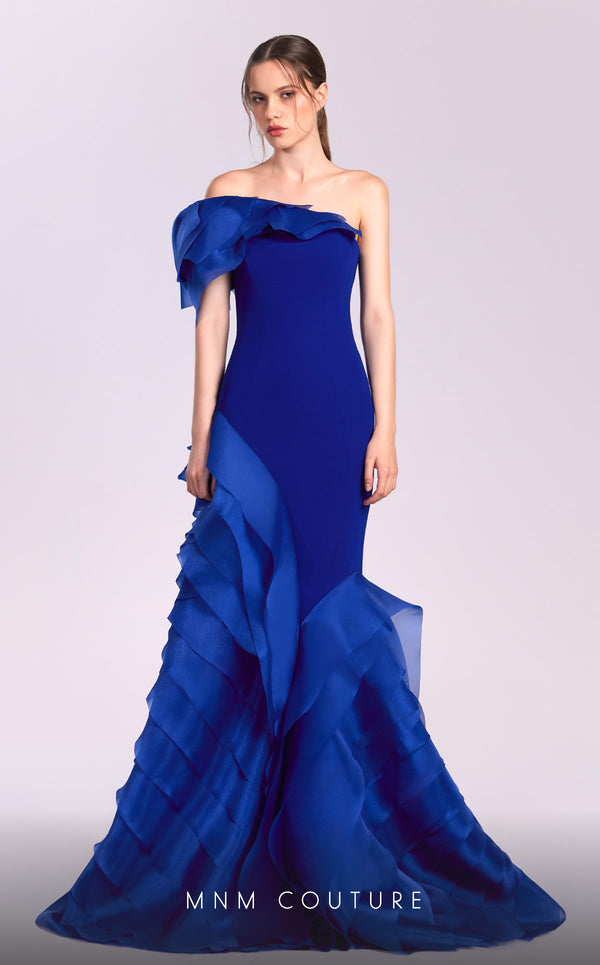 MNM Couture G1810 royal blue one-shoulder gown with organza layers and dramatic train | Couture Shop LA