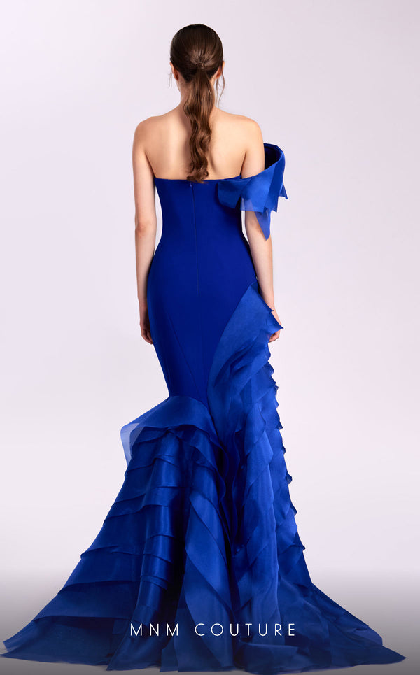 MNM Couture G1810 royal blue one-shoulder gown with organza layers and dramatic train | Couture Shop LA