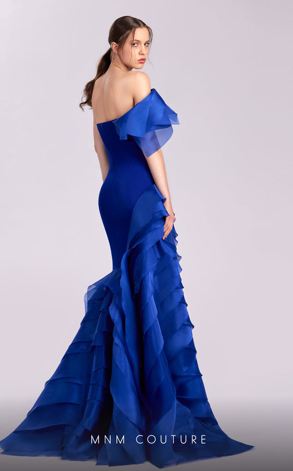 MNM Couture G1810 royal blue one-shoulder gown with organza layers and dramatic train | Couture Shop LA