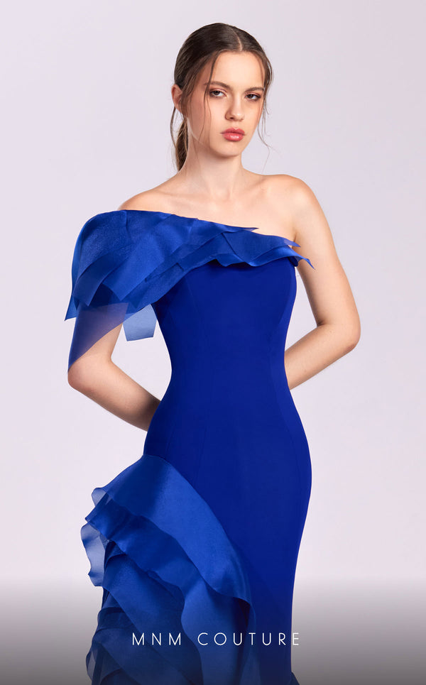 MNM Couture G1810 royal blue one-shoulder gown with organza layers and dramatic train | Couture Shop LA