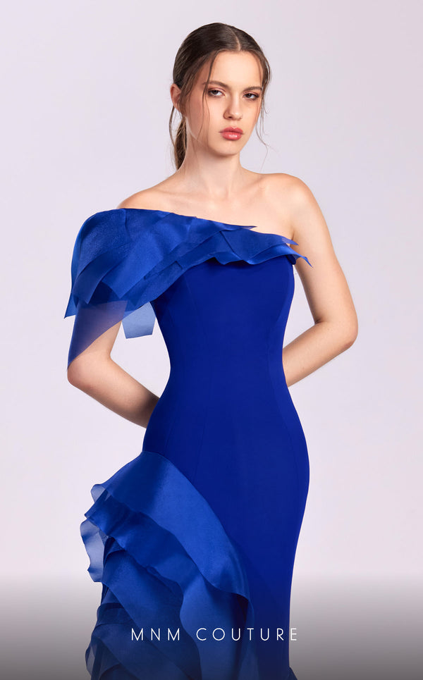MNM Couture G1810 royal blue one-shoulder gown with organza layers and dramatic train | Couture Shop LA
