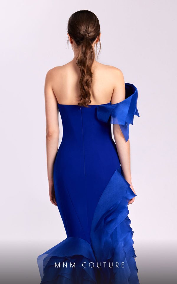 MNM Couture G1810 royal blue one-shoulder gown with organza layers and dramatic train | Couture Shop LA