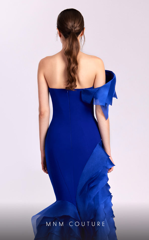 MNM Couture G1810 royal blue one-shoulder gown with organza layers and dramatic train | Couture Shop LA