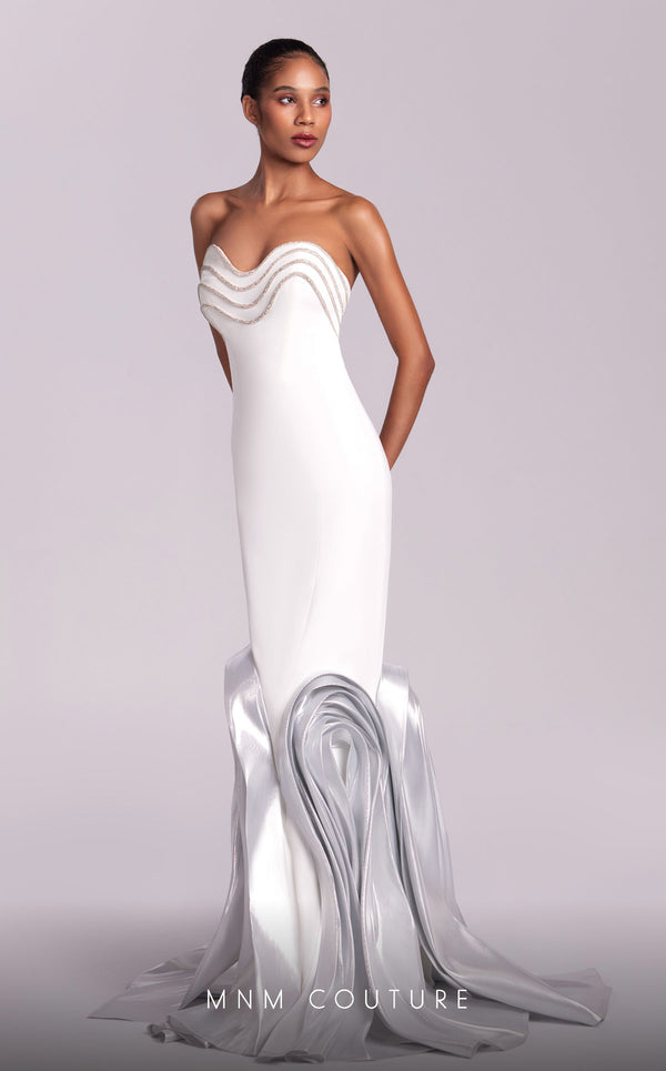 MNM Couture G1819 gown highlighting the strapless design and shimmering embellishments. | Couture Shop LA