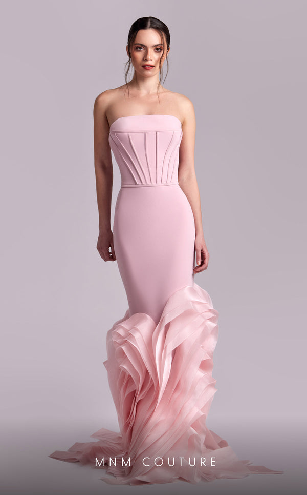 MNM Couture G1825 gown showcasing the mermaid silhouette and organza flourish at the hem. | Couture Shop LA