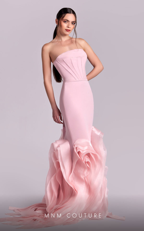 MNM Couture G1825 gown showcasing the mermaid silhouette and organza flourish at the hem. | Couture Shop LA