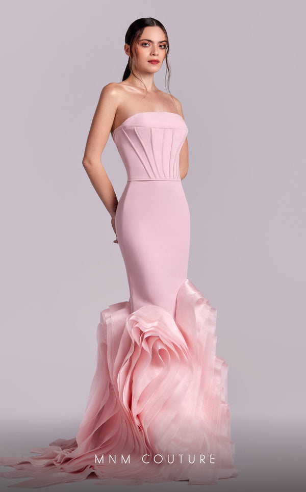 MNM Couture G1825 gown showcasing the mermaid silhouette and organza flourish at the hem. | Couture Shop LA