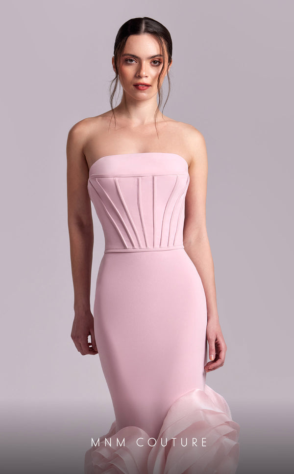 MNM Couture G1825 gown showcasing the mermaid silhouette and organza flourish at the hem. | Couture Shop LA