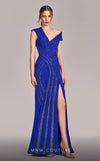 MNM Couture Style G1833 royal blue rayon crepe column gown featuring a pleated bust, asymmetric V-neckline, off-shoulder strap sleeve, and elegant slit above the knee