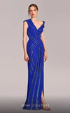 MNM Couture Style G1833 royal blue rayon crepe column gown featuring a pleated bust, asymmetric V-neckline, off-shoulder strap sleeve, and elegant slit above the knee