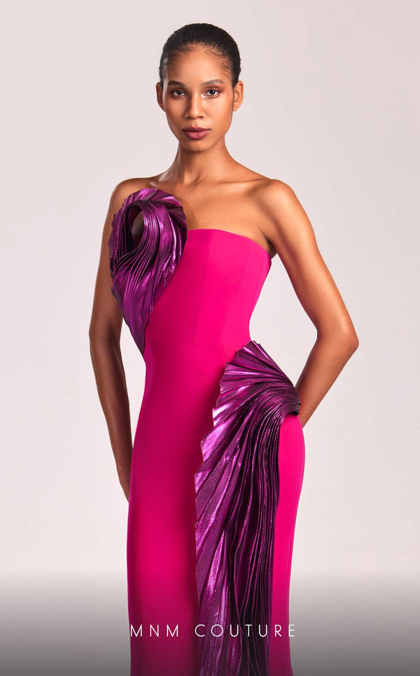 MNM Couture G1838 gown showcasing the vibrant fuchsia color and dramatic metallic swirls. | Couture Shop LA
