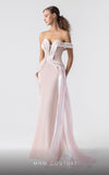 MNM Couture G1900 blush pink gown with off-shoulder silhouette and sculptural holographic draping. | Couture Shop LA