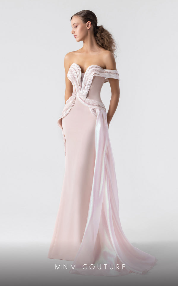 MNM Couture G1900 blush pink gown with off-shoulder silhouette and sculptural holographic draping. | Couture Shop LA