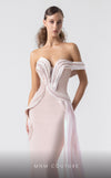 MNM Couture G1900 blush pink gown with off-shoulder silhouette and sculptural holographic draping. | Couture Shop LA