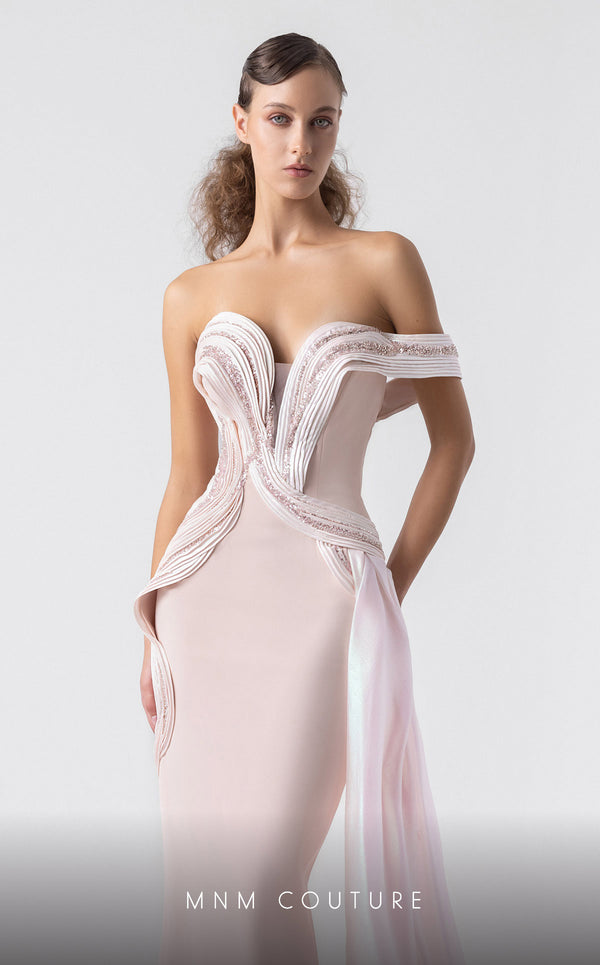 MNM Couture G1900 blush pink gown with off-shoulder silhouette and sculptural holographic draping. | Couture Shop LA