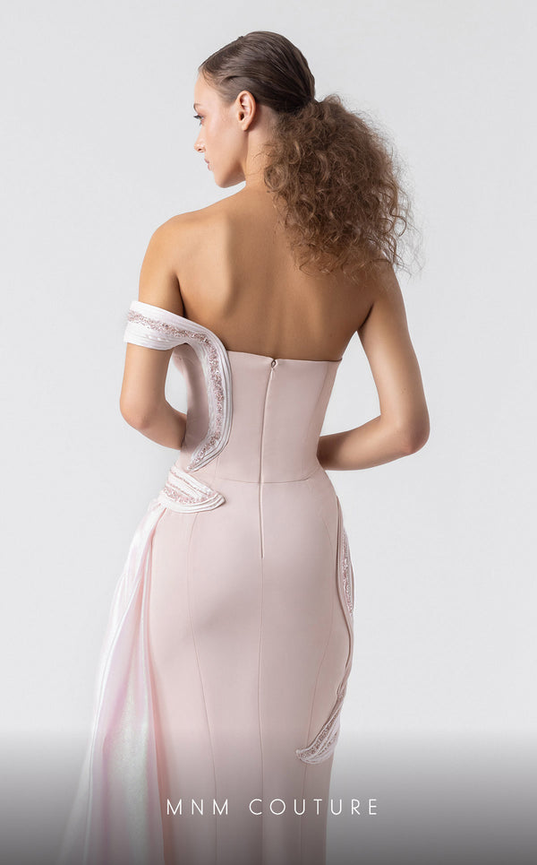 MNM Couture G1900 blush pink gown with off-shoulder silhouette and sculptural holographic draping. | Couture Shop LA