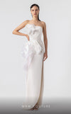 MNM Couture G1903 pearly off-white holographic gown with cascading peplum and high-slit detailing. | Couture Shop LA