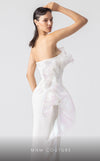 MNM Couture G1903 pearly off-white holographic gown with cascading peplum and high-slit detailing. | Couture Shop LA