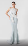 MNM Couture G1904 strapless mint blue mermaid gown with feather and holographic pleated organza detailing. | Couture Shop LA