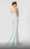MNM Couture G1904 strapless mint blue mermaid gown with feather and holographic pleated organza detailing. | Couture Shop LA