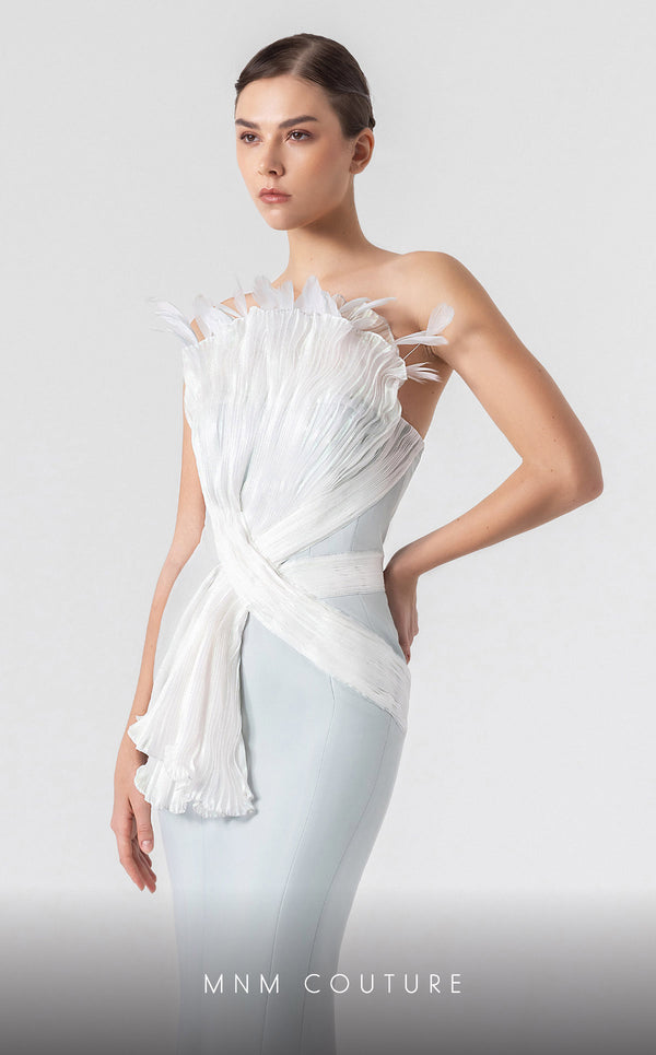 MNM Couture G1904 strapless mint blue mermaid gown with feather and holographic pleated organza detailing. | Couture Shop LA