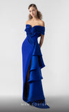 MNM Couture G1905 royal blue off-shoulder gown with cascading satin organza layers and high slit. | Couture Shop LA