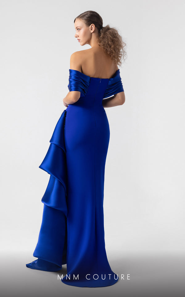 MNM Couture G1905 royal blue off-shoulder gown with cascading satin organza layers and high slit. | Couture Shop LA