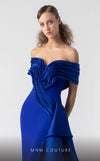 MNM Couture G1905 royal blue off-shoulder gown with cascading satin organza layers and high slit. | Couture Shop LA