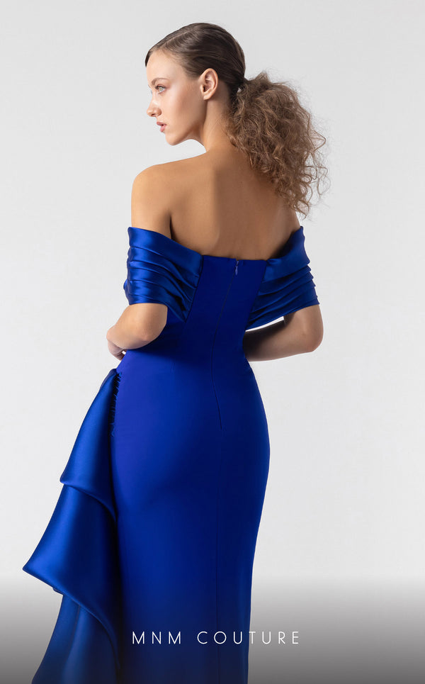 MNM Couture G1905 royal blue off-shoulder gown with cascading satin organza layers and high slit. | Couture Shop LA