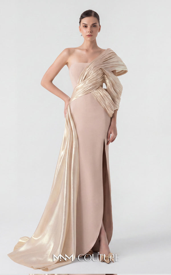 MNM Couture G1907 silver lam� gown with pleated organza and an elegant off-shoulder design. | Couture Shop LA