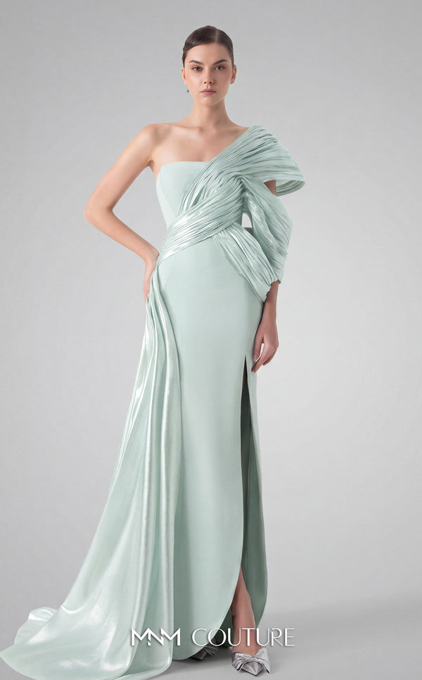 MNM Couture G1907 silver lam� gown with pleated organza and an elegant off-shoulder design. | Couture Shop LA